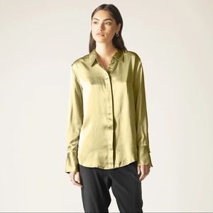 Ginia | Poppy Button Down 100% Silk Satin Shirt In Boa Green Sz: Small
